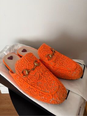 Gucci Bright Orange Lace Mules